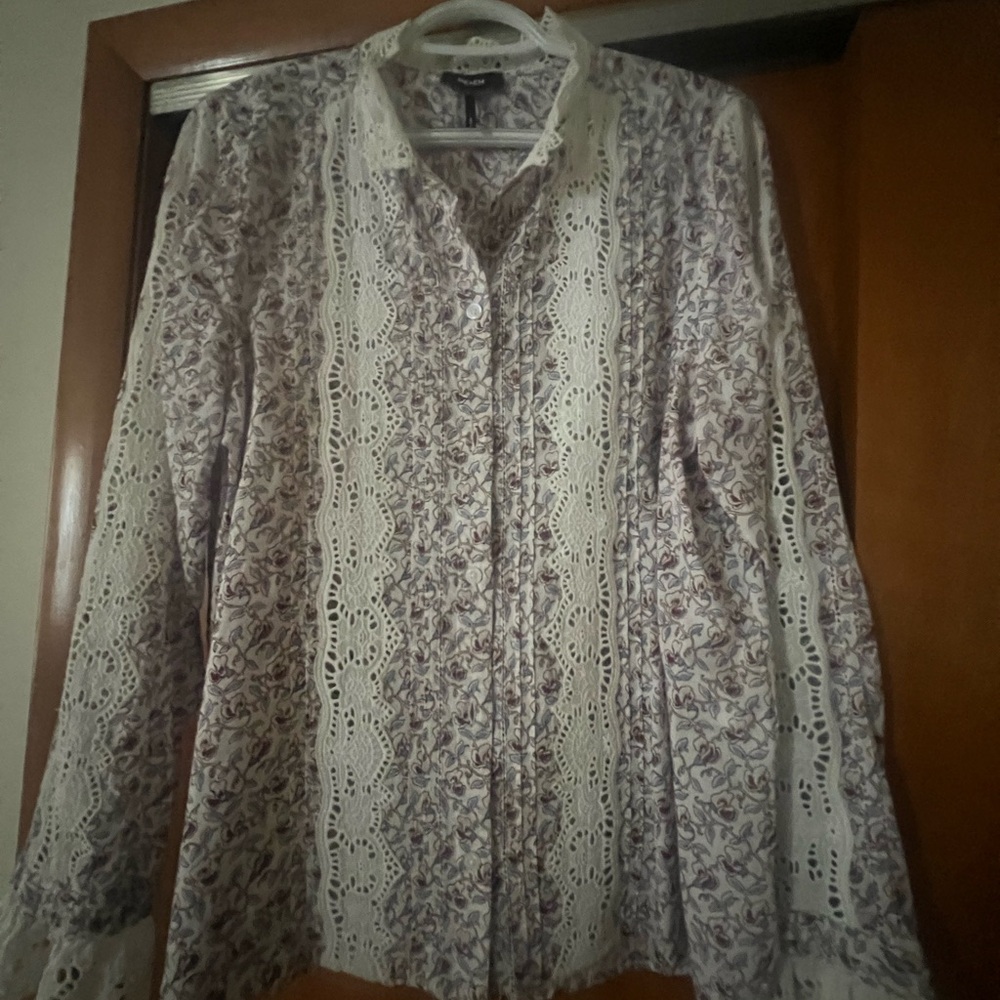 ME+EM Cotton Voile Sweet Pea Floral Printed Blouse White Crochet Trim US 10 NWOT